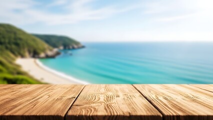Fototapeta premium Wooden table top with blurred beach and ocean view