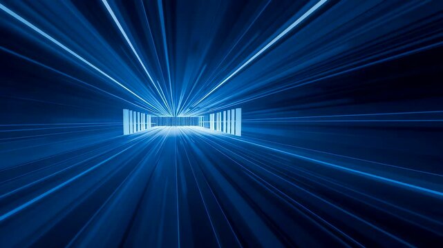 Blue data transmission beams converging toward central server creating high speed digital network scene with depth and modern technology energy