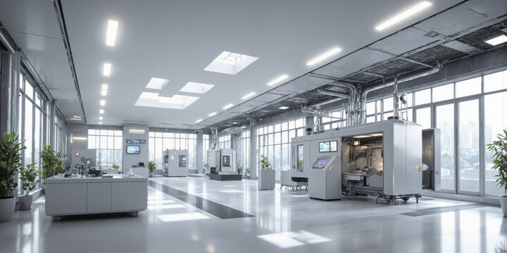 Carbon capture and storage technology facility with cutting-edge machinery, bright lighting, clean design, and eco-friendly materials for climate change solutions.