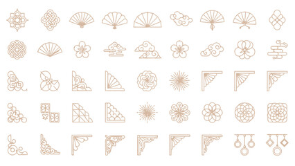 Collection of traditional East Asian line art icons featuring fans, flowers, clouds, and geometric patterns for design elements.