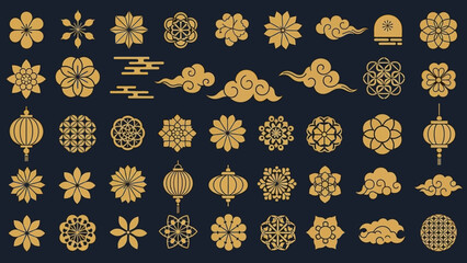 A collection of golden traditional Asian floral patterns, clouds, and lanterns on a dark blue background.