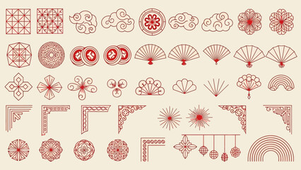 A collection of traditional East Asian decorative elements and cultural motifs, including fans, coins, clouds, flowers, and geometric patterns, in red outline on a beige background.