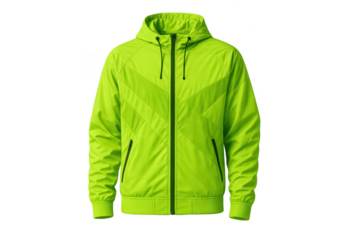 Neon lime green hooded jacket for sports, isolated on transparent background.