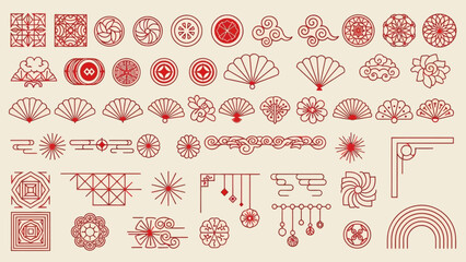 A collection of traditional red line art Asian decorative elements, including fans, clouds, flowers, and geometric patterns on a beige background.