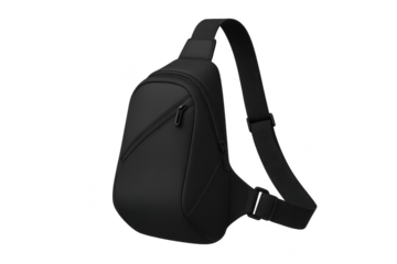 Sleek black sling bag isolated on transparent backdrop, modern design cutout