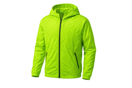 Vibrant neon green hooded jacket isolated on transparent background, sporty outerwear.