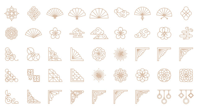 Collection of traditional East Asian line art icons featuring fans, flowers, clouds, and geometric patterns for design elements.
