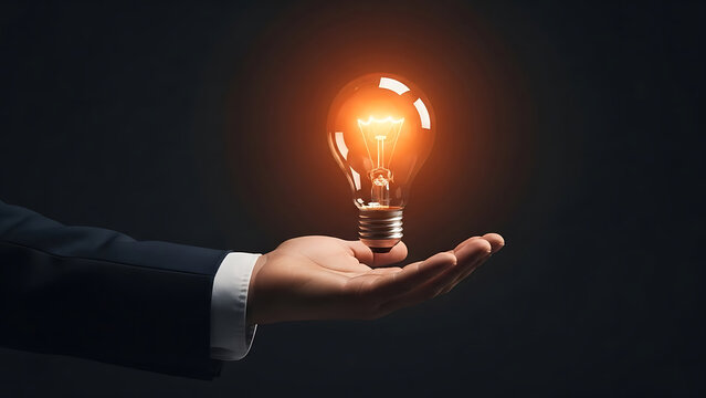 Man's hand holding a glowing incandescent light bulb against dark background lightbulb