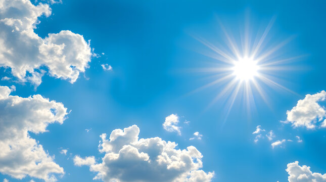 bright sunny blue sky with fluffy clouds and sun rays
