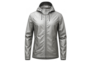 Grey hooded lightweight rain jacket isolated on transparent background, style