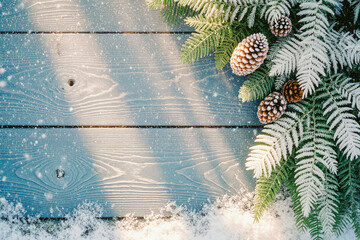 Rustic wooden background with snowy pine branches and pinecones