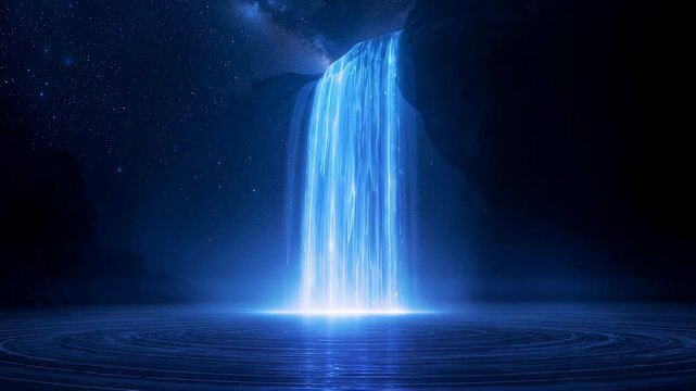 Glowing waterfall cascading into dark reflective water at night with luminous blue light creating dramatic fantasy nature scene and serene atmosphere