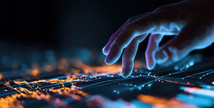 A digital hand touches glowing nodes on a dark, futuristic interface