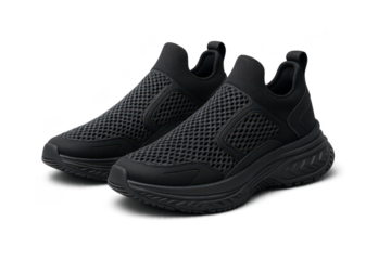 Pair of black mesh slip-on athletic shoes isolated on transparent background.
