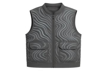Sleeveless gray jacket with wavy pattern, isolated on transparent background.