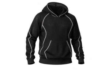 Black hoodie with silver accents isolated on transparent background for design