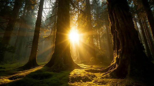 Golden sunlight streaming through tall forest trees creating radiant morning atmosphere with mossy ground, deep shadows, and tranquil woodland scenery