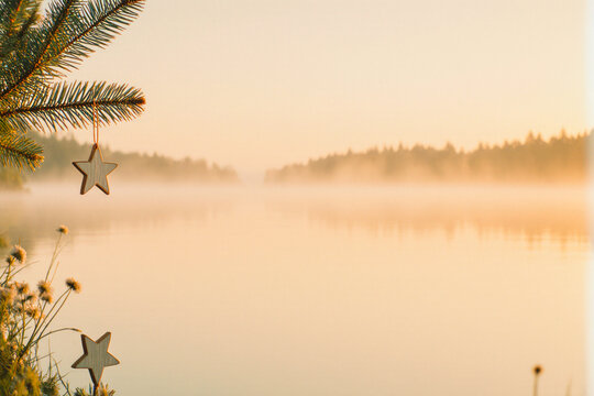 Misty lake sunrise with pine tree and star ornaments - Powered by Adobe