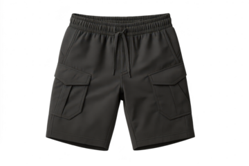 Isolated dark gray cargo shorts on a transparent background, studio shot.