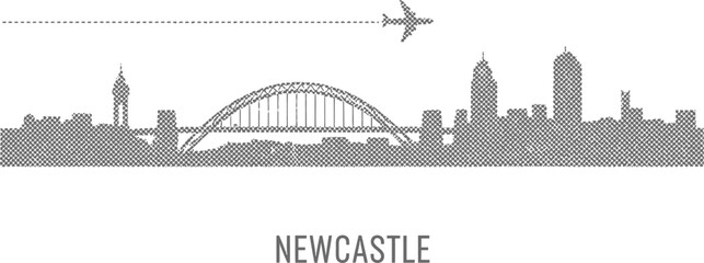 Newcastle City Skyline Halftone Dot Design with Airplane