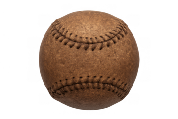 Vintage old leather baseball ball showing traditional stitching, classic retro sports equipment with transparent background