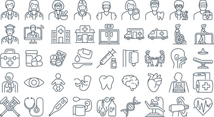 Naklejka premium Healthcare and medical profession line icons set