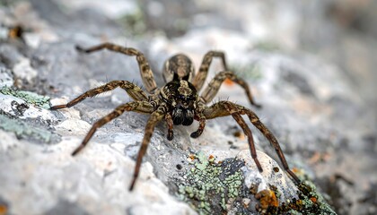 Brown spider crawls on a gray rock with lichen in nature