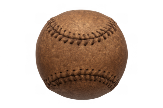 Vintage old leather baseball ball showing traditional stitching, classic retro sports equipment with transparent background