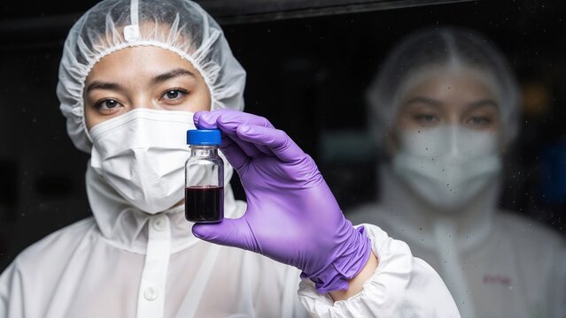 Laboratory worker in protective suit holding vial with dark red liquid sample in clinical setting. - Powered by Adobe