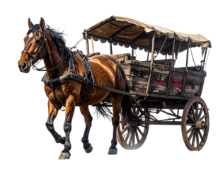 Brown Horse Pulling Medieval Wooden Cart, Side View 3D Rendering, Transparent Background