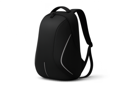 Sleek black backpack isolated on transparent background, modern design for travel