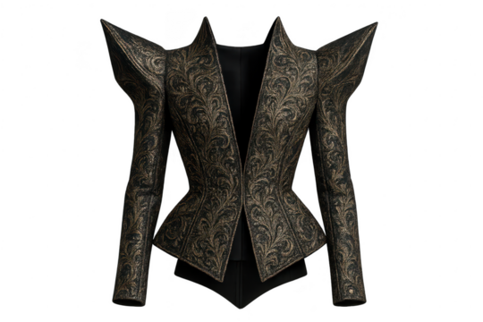 Elegant golden patterned jacket with pointed shoulders isolated on transparent - Powered by Adobe