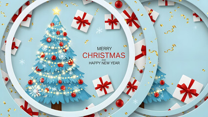 Festive blue christmas tree decorated with ornaments and gifts floating around in oval frames