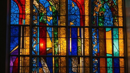 Detailed colorful stained glass window with intricate patterns