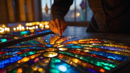 Craftsman assembling colorful glowing stained glass window