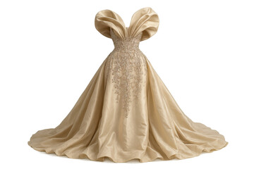 Elegant golden gown isolated on transparent background, couture fashion shot