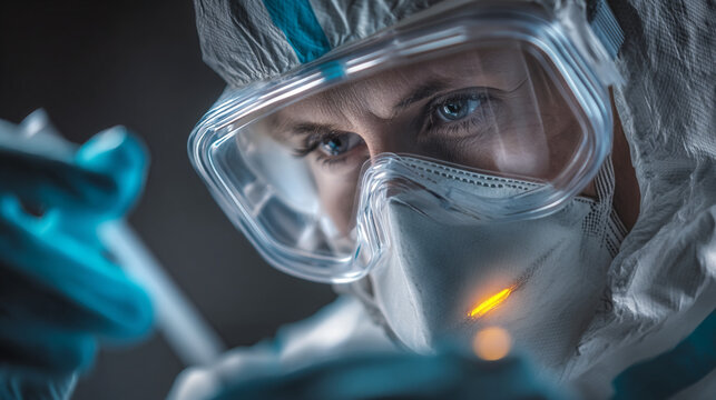 Close up of a person wearing protective gear including goggles and a mask in a lab setting - Powered by Adobe