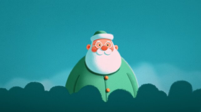 Flat style digital illustration of a cute Santa Claus wearing a green suit and glasses peeking over a dark hedge against a teal blue background.