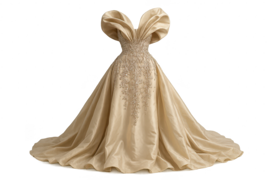 Elegant golden gown isolated on transparent background, couture fashion shot