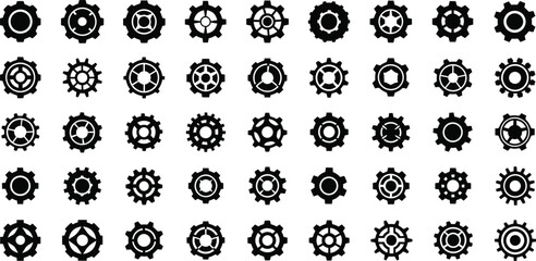 Extensive Collection of Black Gear and Cog Icons in a Grid Layout symbol technology