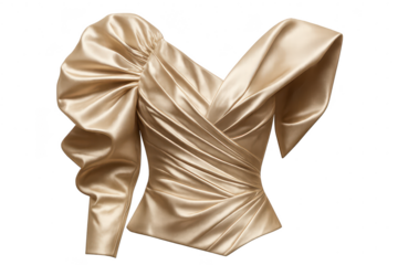 Elegant golden silk top with dramatic sleeves isolated on transparent background.