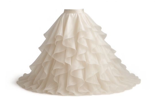 Elegant layered bridal skirt, ivory color, isolated on transparent background