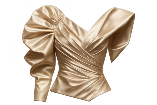 Elegant golden silk top with dramatic sleeves isolated on transparent background.