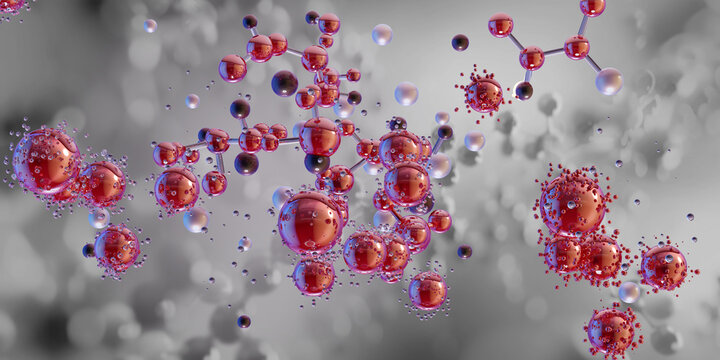 Abstract medical background with floating red molecules, micro-particles, hemoglobin, or complex polymers. Chemical bonds for pharmacology, blood research, cosmetic science, nanotechnology. 3D cgi