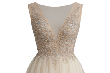Elegant wedding dress with beading, isolated on a transparent background, cut-out
