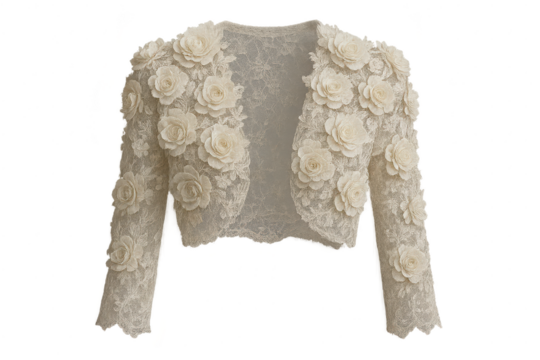 Elegant white lace bolero adorned with delicate roses, isolated on transparent background