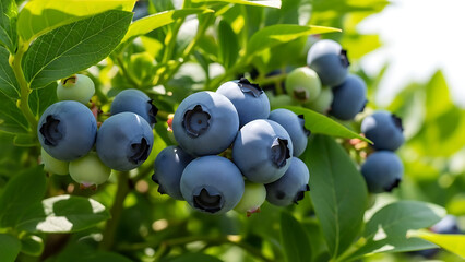 Cluster of ripe blueberries growing on a green bush in sunlight