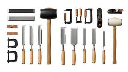 Collection of carpentry tools, including mallets, chisels, clamps, and planers on black background