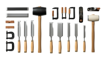 Collection of carpentry tools, including mallets, chisels, clamps, and planers on black background