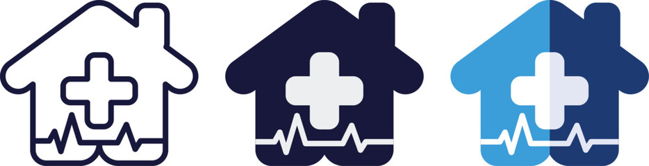 Home symbol combined with medical cross or heart represents assisted living, telemedicine, and patient care at home